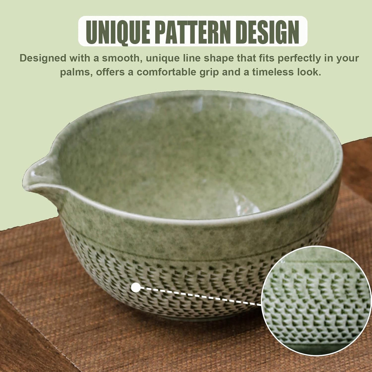 Ceramic Japanese Style Matcha Bowl Whisk Holder Temperature Resistant Braid Textured Matcha Tea Bowl Set With Spout for Trip (Green)