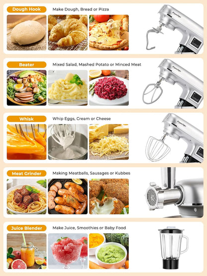 Stand Mixer 8-IN-1 8.5 Qt 2000W Multifunctional Fermentation Electric Kitchen Mixer 6 Speed Tilt-Head with Stainless Steel Bowl, 1.5L Glass Jar Meat Grinder Dough Hook Whisk Pasta Attachment