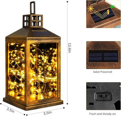 Solar Lantern Outdoor, Garden Hanging Lantern Solar Powered - Glass Waterproof Brushed Copper Solar Table Lantern Decorative Lights Flash and Steady-on Modes for Patio, Backyard, Garden