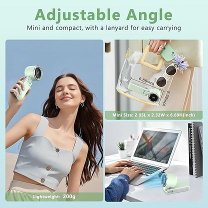Portable Handheld Turbo Fan, 180° Foldable Mini Desk Fan with 5 Wind Speed, Portable Fan Rechargeable, LED Display, Small and Powerful, 3 IN 1 Hand Fans for Outdoor Activities, Office, Travel (Green)