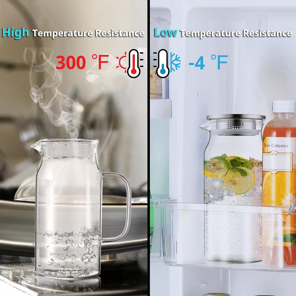2 Pack 1.2 Liter 40 oz Small Glass Pitcher with Lid and Spout, Glass Carafe Water Pitcher for Hot/Cold Water, Iced Tea, Drinks, Coffee