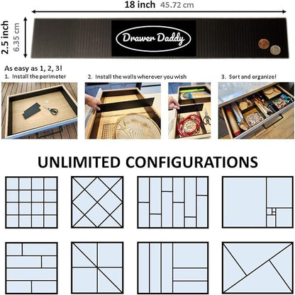 DRAWER DADDY The world’s most customizable grid drawer dividers for the kitchen, bathroom, desk, and more. DIY dividers can be cut to fit small, shallow spaces or adjustable for very large drawers.