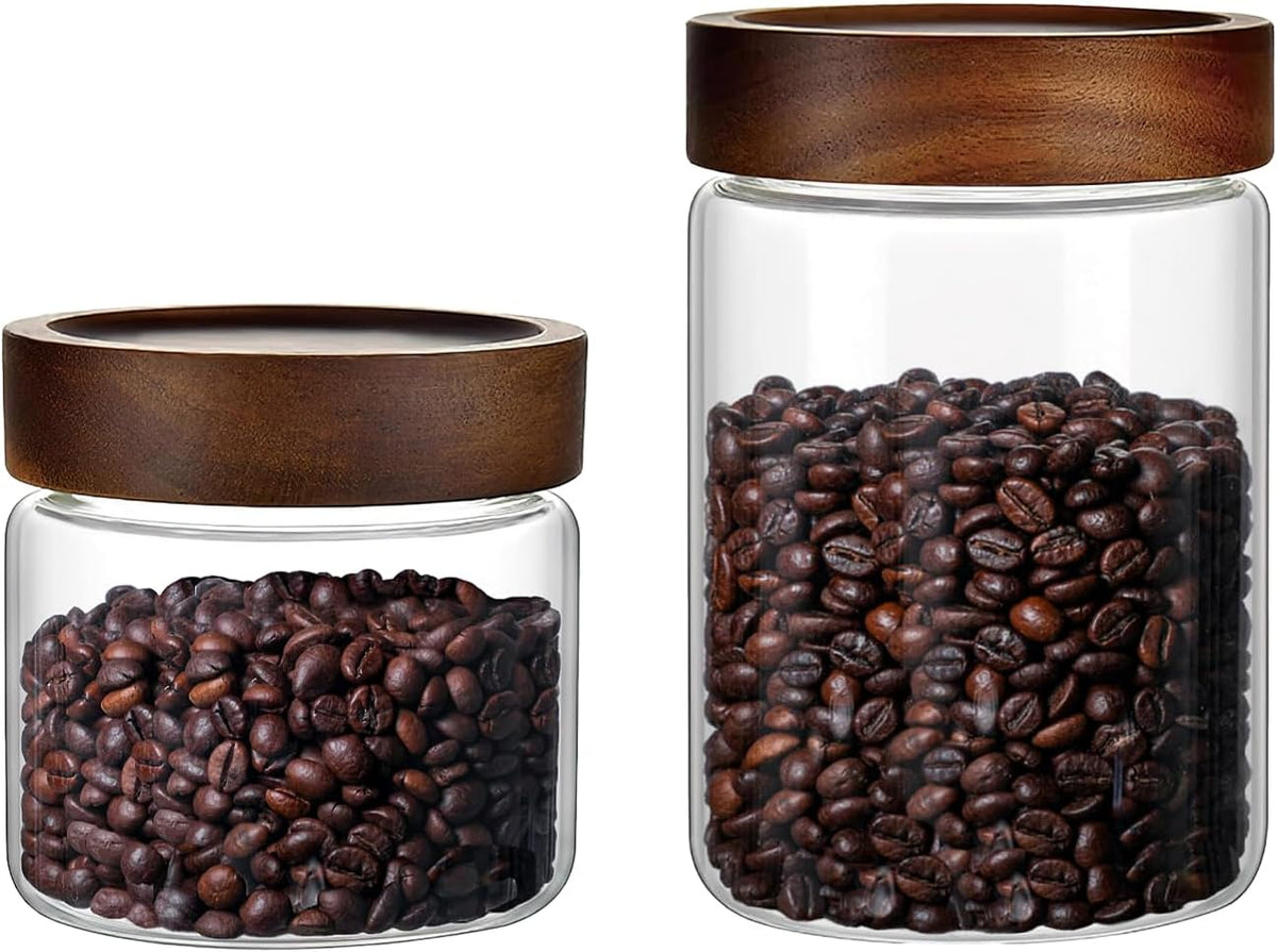 Set of 2 Glass Food Storage Jars, Premium Clear Glass Container Jar with Airtight Wooden Screw Lid, Kitchen Canisters for Coffee,Tea,Pasta,Cookies