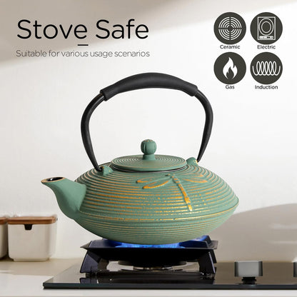 Cast Iron Teapot Set with 2 Tea Cups, 7 Pcs Japanese Tea Kettle with Stainless Steel Infuser, Tea Pot Coated with Enameled Interior, Dragonfly Pattern, 28oz 800ml Green