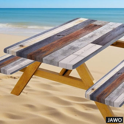 Picnic Table Cover with Bench Covers Rustic Farmhouse Waterproof Windproof Fitted Outdoor Patio Camping Rectangle Tablecloth 60x30 Inch Elastic Edges