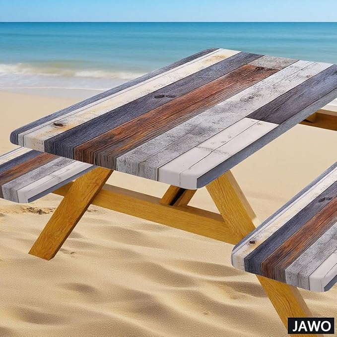 Picnic Table Cover with Bench Covers Rustic Farmhouse Waterproof Windproof Fitted Outdoor Patio Camping Rectangle Tablecloth 72x30 Inch Elastic Edges