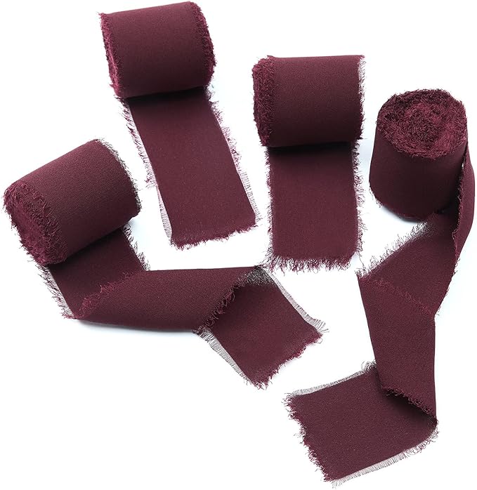 4 Rolls Burgundy Handmade Fringe Chiffon Silk Ribbon 1.5" W x 5Yd Per Roll,Frayed Edges Ribbon Set for Gifts Wrapping,Wedding Invitations,Bouquets,DIY Crafts (1.5" x20Yd, Burgundy)