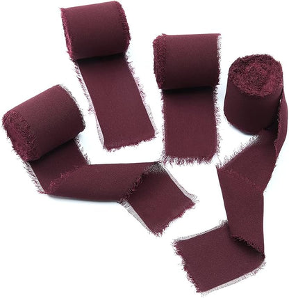 4 Rolls Burgundy Handmade Fringe Chiffon Silk Ribbon 1.5" W x 5Yd Per Roll,Frayed Edges Ribbon Set for Gifts Wrapping,Wedding Invitations,Bouquets,DIY Crafts (1.5" x20Yd, Burgundy)