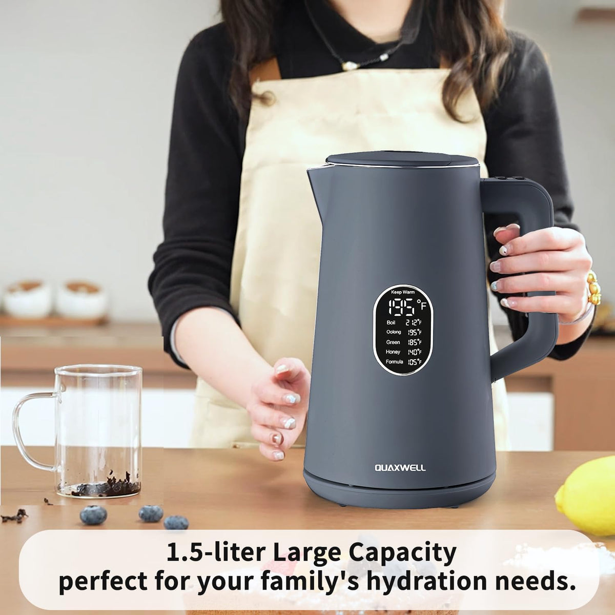 1.5L Electric Kettle Stainless Steel, Double Wall Cool Touch Teapot, Fast Boil,5 Temperature Control, LED Display, Auto Shut-Off, BPA-Free