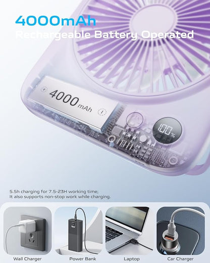 Otlonpe Portable Desk Fan 6.5 Inch, 4000mAh Rechargeable Battery Operated & USB Powered, 23Hrs Cordless Small Personal Fan 4-Speed Quiet for Office Travel Home Sleeping, Led Display, Foldable (Purple)