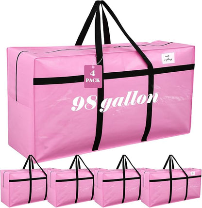 Windyun 4 Pack 98 Gallon Extra Large Moving Bags XXL Heavy Duty Storage Bag with Strong Zipper Handle Jumbo Big Tote Box Foldable for College Dorm Travel Clothes Duffle Blanket Pillow(Pink)