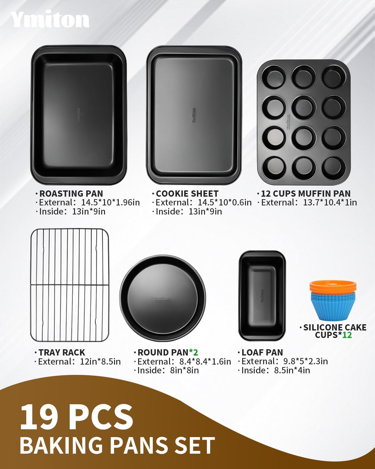 Nonstick Baking Pans Set, 19 PCS Stackable Bakeware Sets, Oven Pan Set Includes Baking Tray, Cookie Sheet, Cake Pans, Loaf Pan, Muffin Pan, Silicone Cups