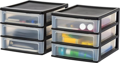 IRIS USA Plastic Stacking Desk Top 3-Drawer Storage Organizer, 2-Pack, for Makeup Vanity Nail Polish Bathroom Stationery Art Craft Supplies Kitchen Office Garage and Small Organization, Medium, Black