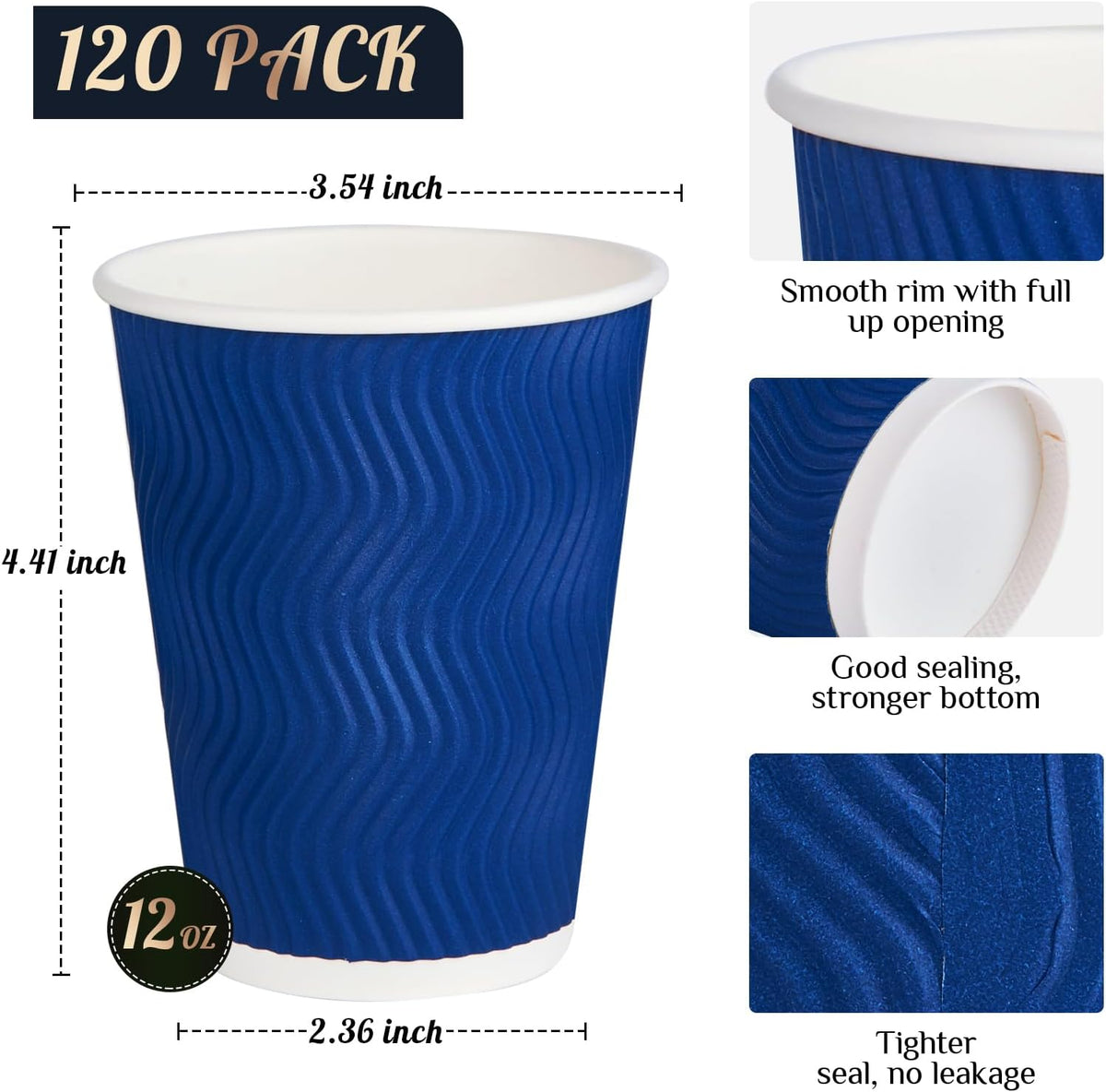 JollyPack 120 Pack 12 oz Paper Coffee Cups, Blue Disposable Beverage Cups with Insulated Ripple Wall for Hot or Cold Drinks
