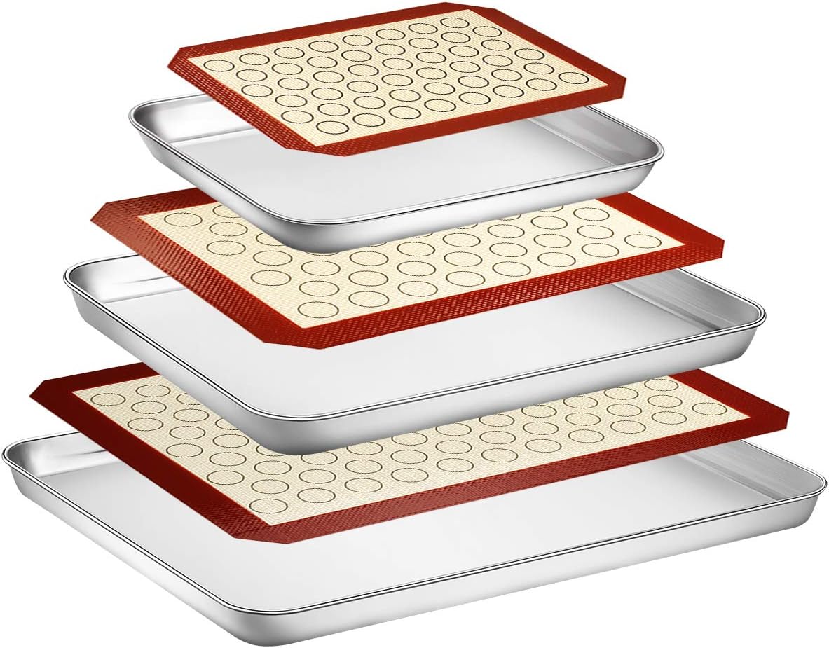 Wildone Baking Sheet with Silicone Mat Set, Set of 6 (3 Sheets + 3 Mats), Stainless Steel Cookie Sheet Baking Pan with Silicone Mat
