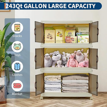 GarveeHome 243QT Stackable Storage Bins, Folding Storage Box with Magnetic Doors & Wheels, Loset Organizers and Storage with Lids, Collapsible Plastic Drawers for Bedroom Kitchen Office, White