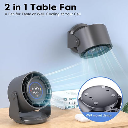 YOSHENMO Desk Fan, Turbo Table Fan for Bedroom, 100-Speed Digital Display, Low Noise, 105° Adjustable Tilt, 7.5-inch, Rechargeable Battery, Wall-Mouted Design for Home, Office, Travel Grey