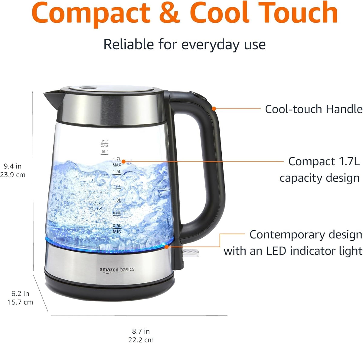 Electric Kettle with Glass Carafe for Tea and Coffee, BPA-Free, Fast Boiling, Auto Shut-Off, 1.8 Quarts, 1500W, Black and Silver