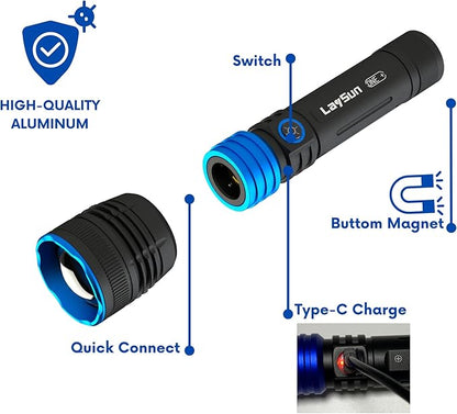 Rechargeable Work Light - Flashlight - Gooseneck Light 3 in 1 Kit - 4000mAh Magnetic with 360° Rotate Foldable Design, Zoom Flashlight,5 Lighting Modes Mechanic Light for Car Repairing/Emergency