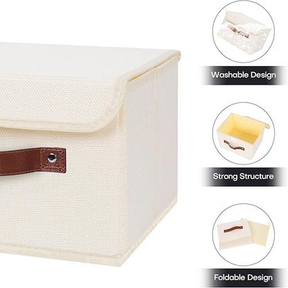 ANMINY 4PCS Storage Bins with Lid PU Leather Handles Storage Boxes PP Plastic Board Decorative Foldable Lidded Cotton Linen Fabric Home Cubes Baskets Closet Organizer Containers - Beige, Small Size