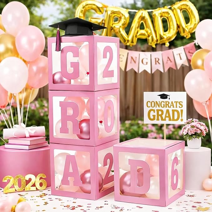 2026 Graduation Decorations - 4Pcs Pink Balloon Boxes with Letters 2026&Grad for Preschool Kindergarten Middle High School College Graduation Party Decorations Class of 2026