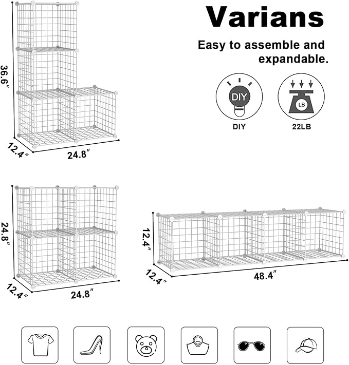 C&AHOME Wire Cube Storage, 4-Cube Storage Organizer Metal, C Grids Storage Bins Shelving, Modular Bookshelf Shelf, Closet Cabinet Ideal for Bedroom, Office 12.4”L x 24.8”W 36.6”H White UWCS3004W