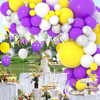 Purple Yellow White Balloon Garland Arch Kit - 122pcs, 12in, 10in, 5in Balloons, Metallic Silver, Basketball Birthday Party Decorations