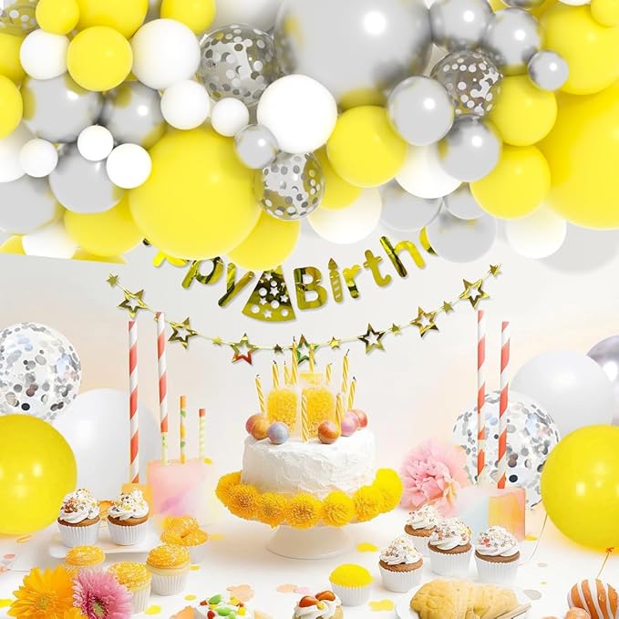 Yellow White Silver Balloon Garland Arch Kit, 122Pcs Yellow White Metallic Silver Latex Balloons for Baby Shower Wedding Birthday Graduation Anniversary Bachelorette Party
