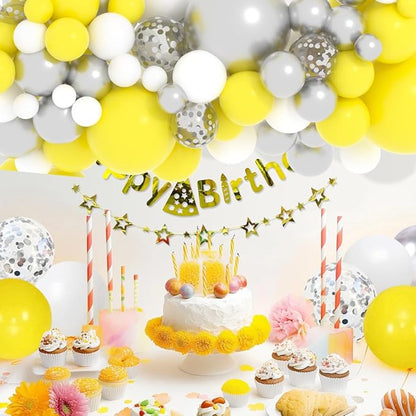 Yellow White Silver Balloon Garland Arch Kit, 122Pcs Yellow White Metallic Silver Latex Balloons for Baby Shower Wedding Birthday Graduation Anniversary Bachelorette Party