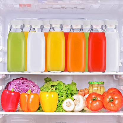 Suclain 10 Pcs 16 oz Glass Juice Bottle with Lids, Clear Reusable Milk Container for Refrigerator