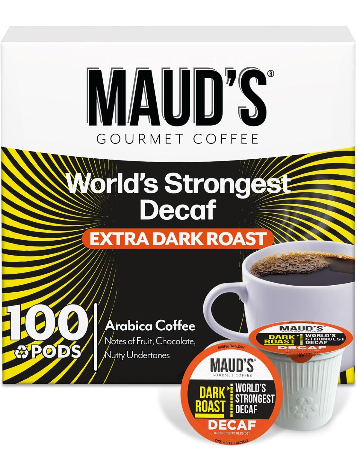 Maud's World's Strongest Decaf Coffee Pods, 100 ct, Decaffeinated Dark Roast Coffee in Recyclable Single Serve Pods – 100% Arabica Coffee