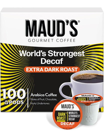 Maud's World's Strongest Decaf Coffee Pods, 100 ct, Decaffeinated Dark Roast Coffee in Recyclable Single Serve Pods – 100% Arabica Coffee