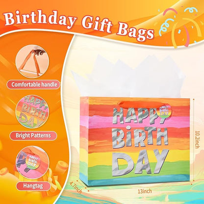 Powbrace 13" Colorful Happy Birthday Gift Bags with with Tissue Paper and Greeting Card for Party,Happy Birthday Gift Bag for Men Women,Gift Bags Medium size (1 PCS Colorful)