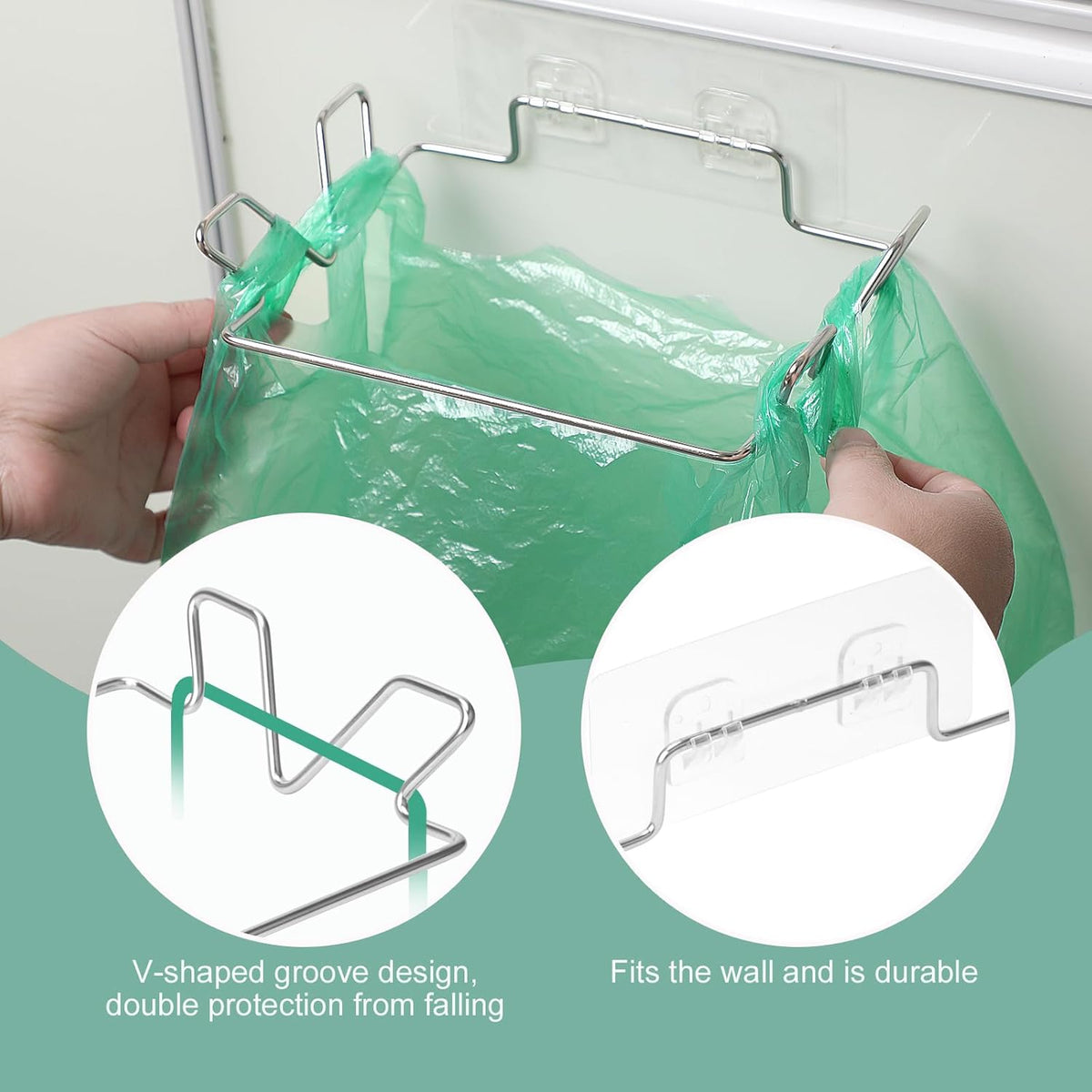 Stainless Steel Trash Bag Holder for Kitchen Cabinets Doors and Cupboards, Under Sink Bag Hanger, Portable Trash can, Waste Bins, Wall Adhesive Hanging Garbage Bins, with Wall Sticker Base