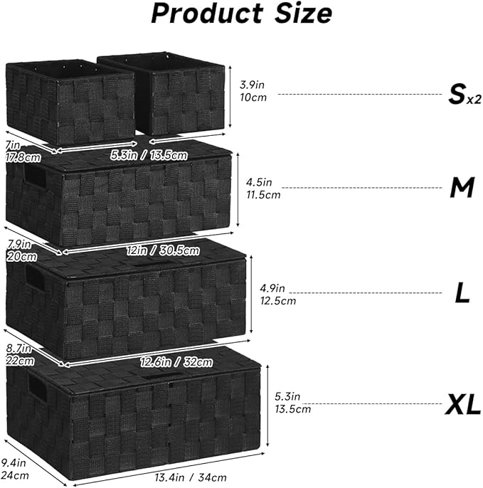 Woven Polypropylene Basket Set of 5, Woven Storage Basket, Woven Strap Baskets, Woven Basket Organizer for Bedroom, Bathroom, Office, Shelf, Dresser, Kitchen, Pantry, Black