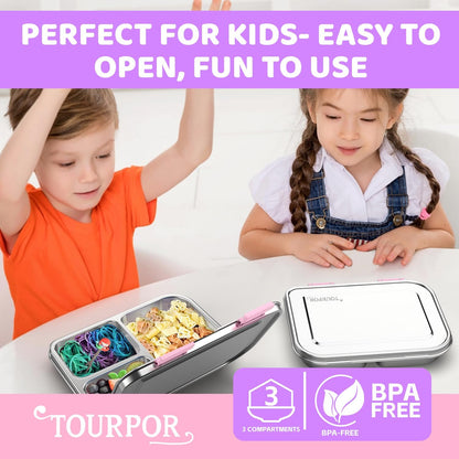 Stainless Steel Lunch Box 1000ml - 3 Compartment Bento Box for Kids & Adults, Leakproof Food Container, BPA-Free Metal Lunch Box with Silicone Seal, Eco-Friendly/Dishwasher Safe (Pink)