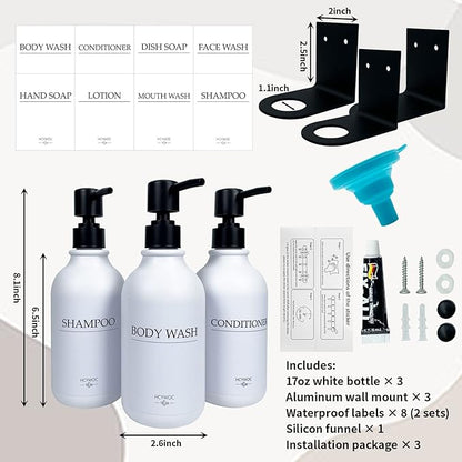 Shampoo Dispenser for Shower Wall, Shampoo and Conditioner Dispenser with 16 Waterproof Labels, No Drill Shower Soap Dispenser Bathroom, Shower Soap Dispenser Wall Mounted,17oz, 3 Pack, Black White