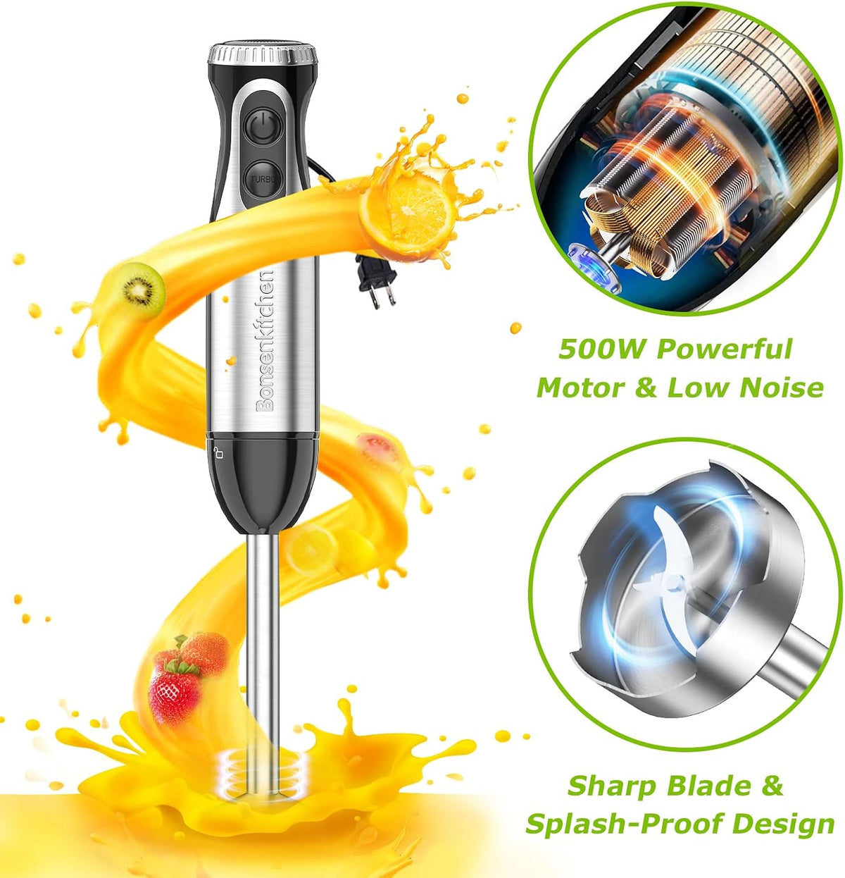 Bonsenkitchen Immersion Blender with Food Processor, 20 Speeds &amp; Turbo Mode | 4-in-1 Emulsion Hand Blender, Egg Whisk, 24 oz Beaker &amp; Chopper Bowl, Portable Hand Mixer for Smoothie, Soup, Baby Food