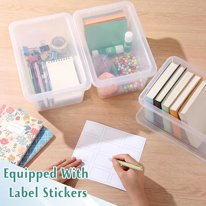 10 Pcs Cubby Bin with Clear Latching Lid Label Sticker Colored Plastic Stackable Book Storage Container for Classroom Office Home Sorting Arts Craft Desk Organizer(Clear)