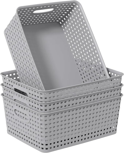 Set of 4 Medium Plastic Organization and Storage Baskets, Stackable Mesh Bins for Home Office Classroom Use