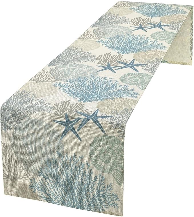 Blue Teal Coral Table Runners, Summer Beach Starfish Coastal Coffee Table Runners for Wedding Party Banquet Dining Holiday 13x90in