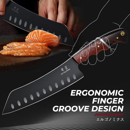Santoku Knife 7 Inch - Japanese Chef Knife for Fish, Bunka Knife for Meat, Kiritsuke Knife for Vegetables, Black Slicing Knives with Full Tang Handle