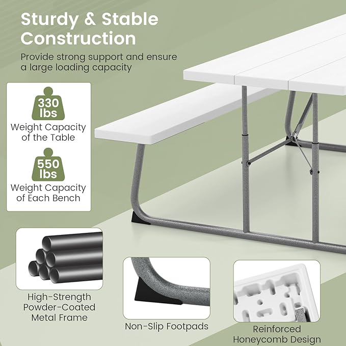 Giantex Folding Picnic Table - 6 FT Outdoor Table Bench Set for 8 Persons w/All-Weather HDPE Tabletop, Metal Leg, Umbrella Hole, Large Outside Dining Table for Patio Garden Yard Poolside (White)