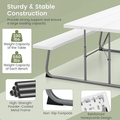 Giantex Folding Picnic Table - 6 FT Outdoor Table Bench Set for 8 Persons w/All-Weather HDPE Tabletop, Metal Leg, Umbrella Hole, Large Outside Dining Table for Patio Garden Yard Poolside (White)