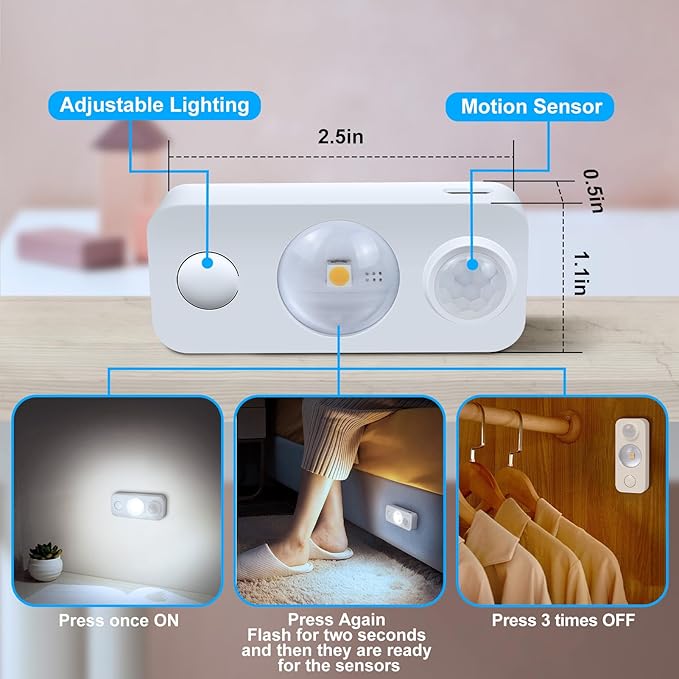 NIEGNOWOO LED Motion Sensor Puck Lights, Rechargeable Cabinet Lights, Stick on Wireless LED Night Light for Closet, Drawer, Shelf, Under Cabinet, Daylight White 4Pack, USB Charging Cord Included
