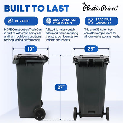 32 Gallon Step-On Large Outdoor Trash Can with Lid and Wheels - Outside Plastic Rolling Garbage Can - Rollout Commercial Heavy-Duty Container Barrel, Gray 2 Pack