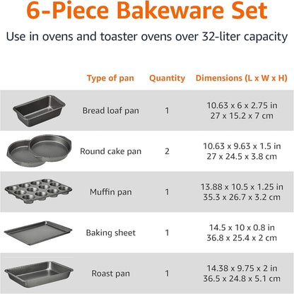 6 Piece Nonstick, Carbon Steel Oven Safe Bakeware Set with Cake, Muffin, Cookie, and Loaf Pans, 6 Piece, 16.25 x 11.75 x 6.25 inches