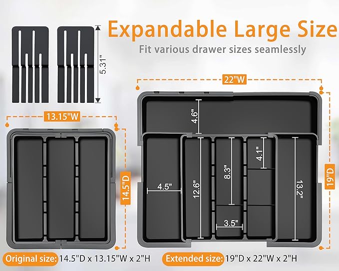 Large Utensil Drawer Organizer for Kitchen, Expandable Silverware Organizer Utensil Holder, Cutlery and Flatware Cooking Tray, Kitchen Drawer Organizers and Storage with Removable Knife Block, Black