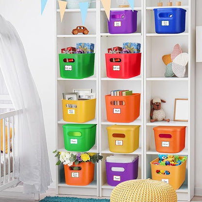 Thyle 12 Pack Vibrant Colorful Plastic Storage Bins with Lids 7 Quart Toy Storage Box Stackable Nestable Organizer Boxes with Handle and Labels for Classroom Shelf Bedroom Desktop Toys School Supplies