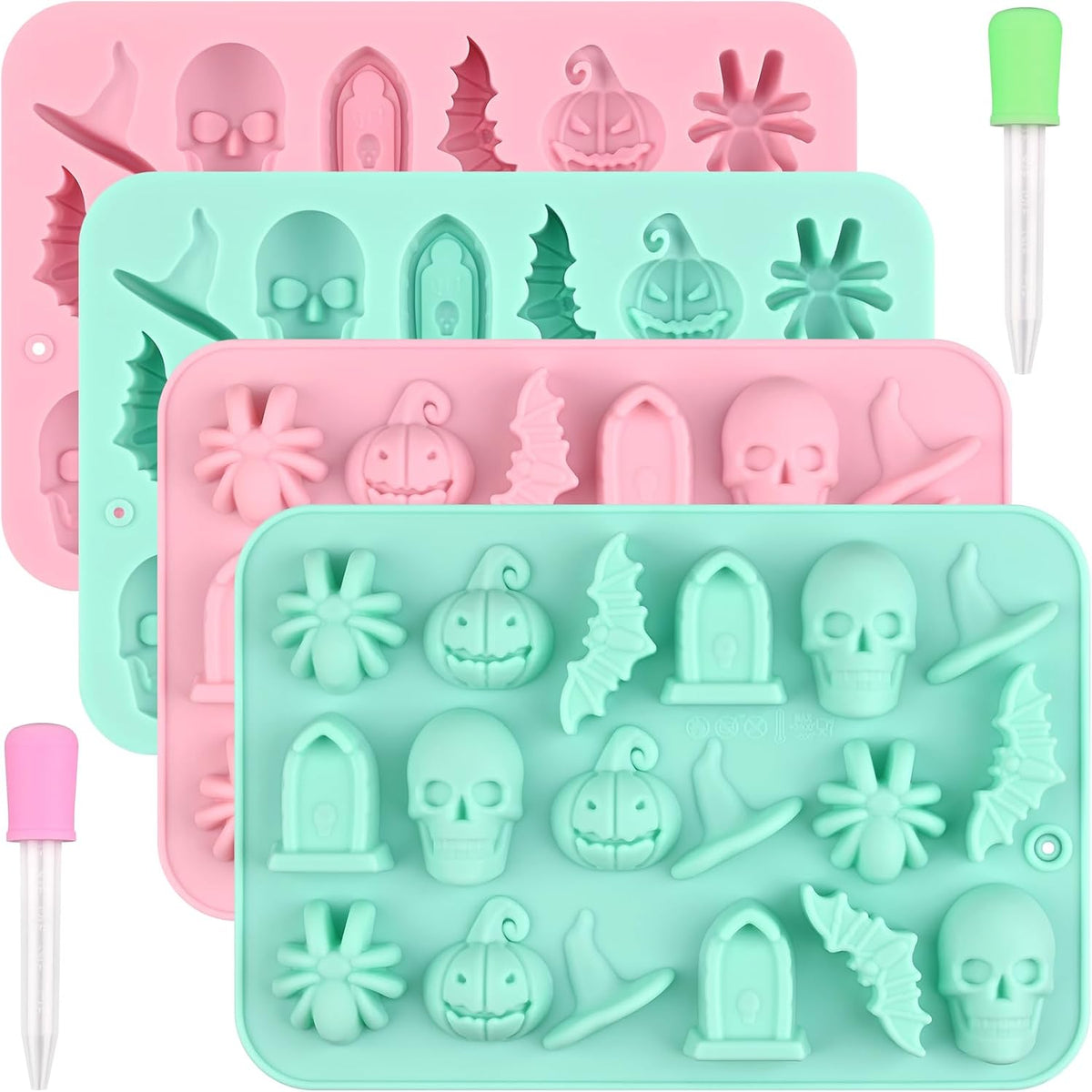 Actvty Halloween Chocolate Silicone Mold, 4 Packs Candy Gummy Molds of 18 Cavity with Skull Pumpkin Ghost Witch Hat Bat Spider Tombstone Shapes for